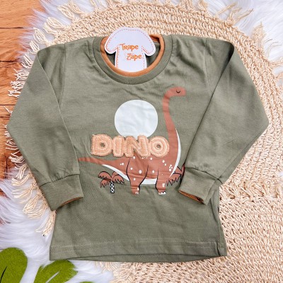 Conj. Blusa Manga Longa Dino e Calça de Moletom - Verde Musgo e Marrom